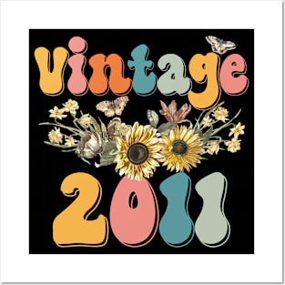 Vintage 2011 Sunflower Floral Retro Groovy 12th Birthday Posters and Art